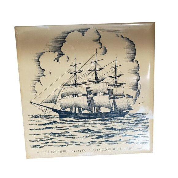 Vintage Screencraft Clipper Ship Tile Trivet Set Hippogriffe Revenue 6"x6" - Picture 3 of 8